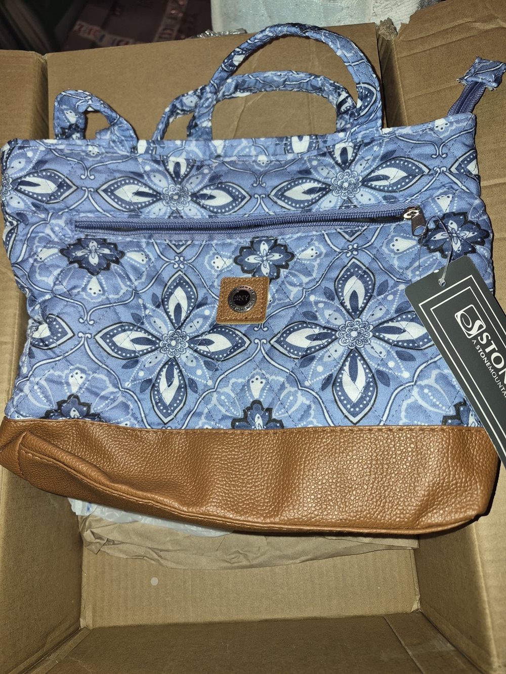 Blue Floral Quilted Tote with Tan Leather Trim
